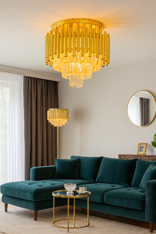 Żyrandol kryształowy BARI 4xE14 złoty Glamour 6230/4B TR to elegancka plafoniera z metalu i przezroczystych kryształów. Średnica 39 cm, wysokość 38 cm, 4xE14 40W, IP20. Idealna do salonu, sypialni i wnętrz w stylu glamour. Gwarancja 2 lata