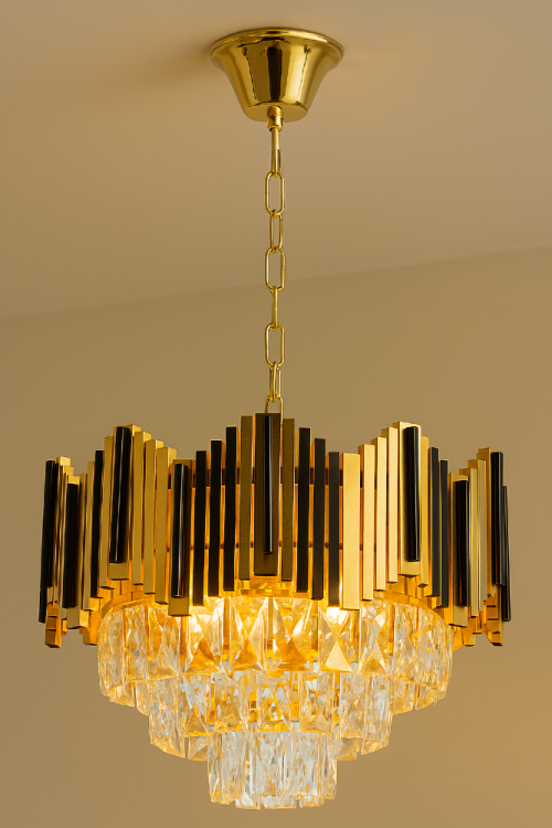 Żyrandol kryształowy BELIZE 4xE27 złoty/czarny 6232/4 TR BL to elegancka lampa glamour z metalu i przezroczystych kryształów. Średnica 40 cm, wysokość 30 cm (całkowita 80 cm), 4xE27 40W, IP20. Idealna do salonu, jadalni i wnętrz z klasą