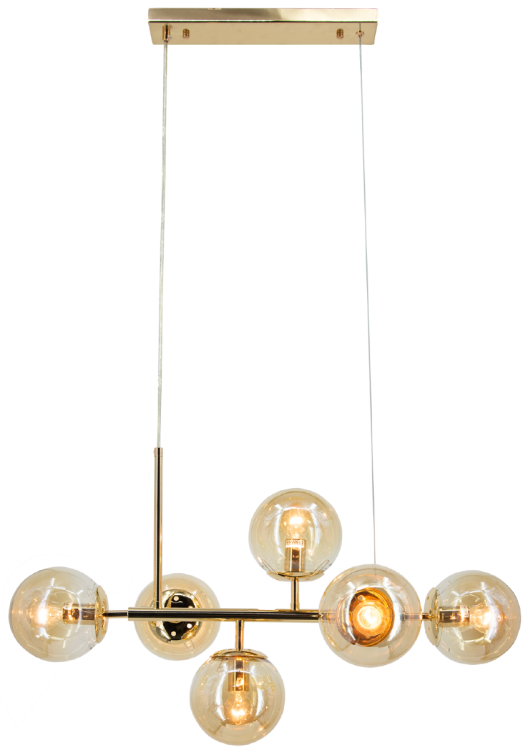 Lampa PACO 6xE14 złota z bursztynowymi kloszami to elegancka propozycja do nowoczesnych wnętrz. Idealna nad stół lub wyspę kuchenną. Ciepłe światło i luksusowy design tworzą przytulny klimat. Regulowana wysokość, solidne wykonanie, styl modern i glamour