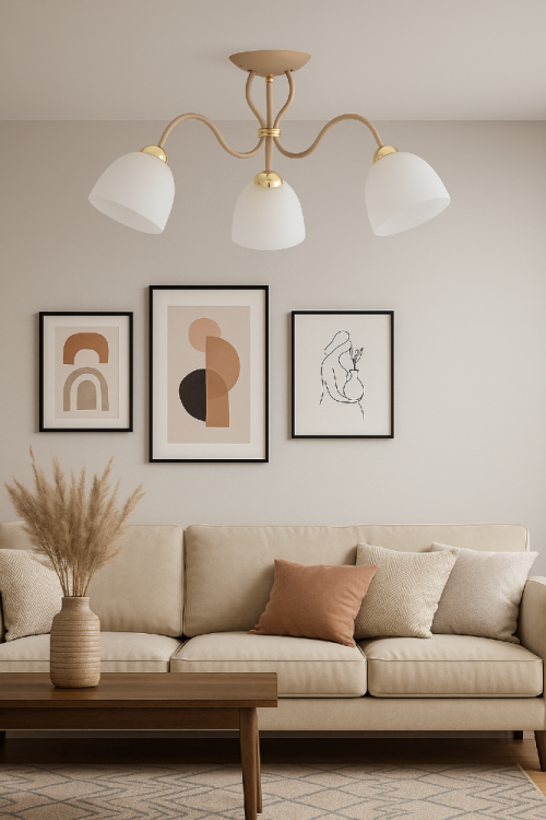 Lampa sufitowa ARIEL 3xE27 beżowa Taupe Alfa 62607 to elegancki model z białymi alabastrowymi kloszami. Metalowa konstrukcja, średnica 51 cm i wysokość 38 cm sprawiają, że doskonale oświetla salon, sypialnię lub jadalnię, tworząc przytulną atmosferę.