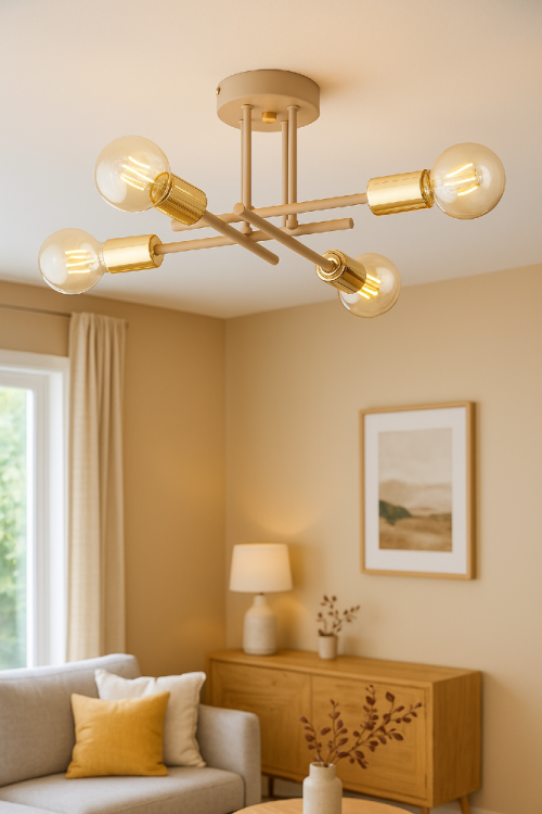 Lampa sufitowa DAKAR 4xE27 beżowa Taupe Alfa 63396 to nowoczesny model o eleganckim designie. Cztery źródła światła i metalowa konstrukcja zapewniają trwałość oraz mocne oświetlenie. Idealna do salonu, sypialni i jadalni, szerokość 41 cm, wysokość 20 cm.