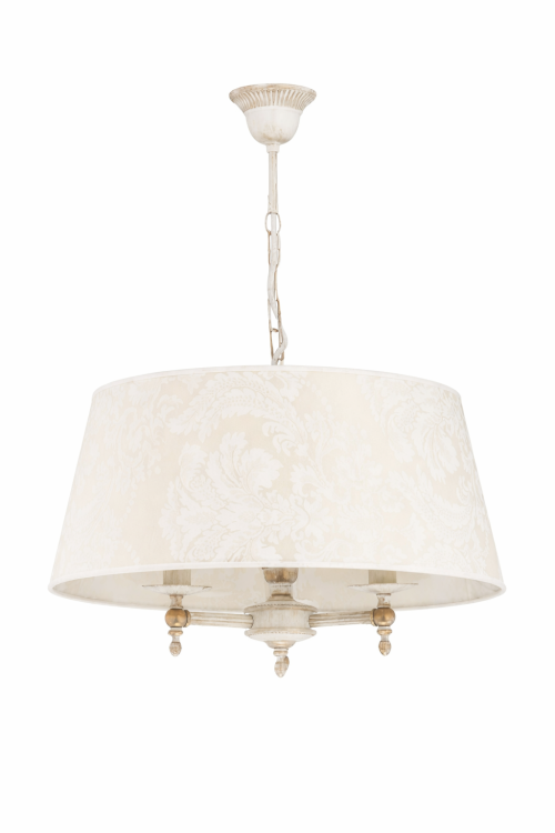 Żyrandol ROKSANA 18534 marki Alfa to elegancka lampa sufitowa 3xE14 w stylu prowansalskim. Biały antyczny stelaż i szare abażury z tkaniny tworzą przytulne, nastrojowe oświetlenie do salonu, sypialni lub jadalni.