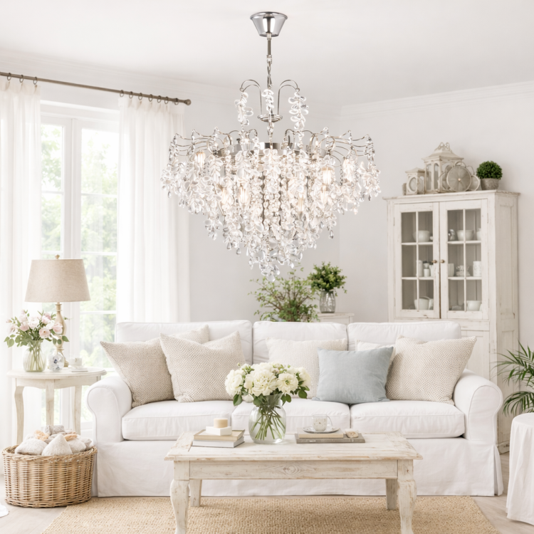 FLORES W-E2663/6 to stylowa lampa wisząca w kolorze chromu z 6 punktami światła E14. Subtelne kryształowe listki pięknie odbijają światło, tworząc luksusowy efekt w jasnych, eleganckich wnętrzach.