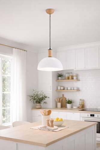 TERRIN Alfa 61401 to nowoczesna lampa kuchenna 1xE27 z białym kloszem, drewnianymi detalami i chromowanymi akcentami. Średnica 30 cm i regulowana wysokość do 90 cm sprawiają, że świetnie pasuje nad blat lub stół.