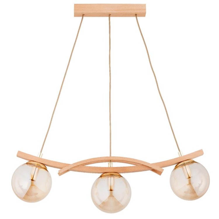Lampa sufitowa SANA 3xE14 Alfa 62495 to stylowe oświetlenie nad stół z jasnego drewna i bursztynowych kloszy szklanych. Długość 70 cm, regulowana wysokość i 3 punkty światła E14 sprawiają, że idealnie pasuje do kuchni i jadalni.