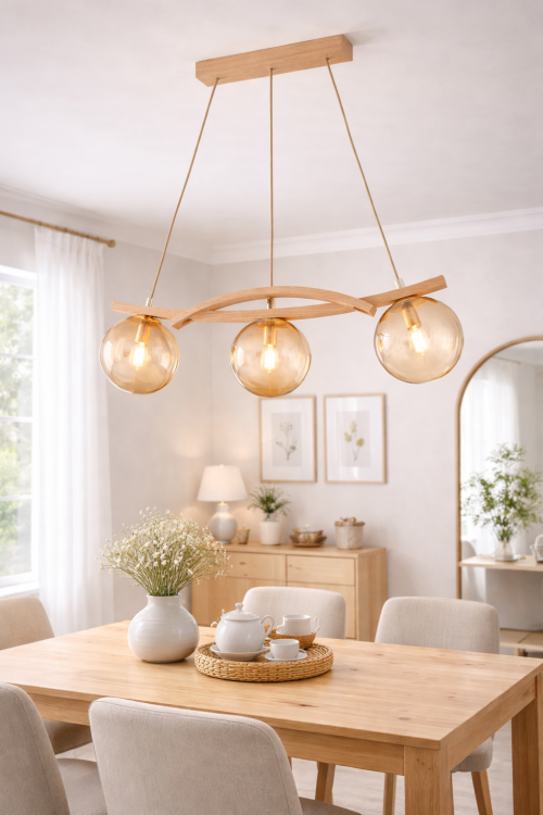 SANA Alfa 62495 to elegancka lampa sufitowa 3xE14 z naturalnego drewna i kloszy amber. Zapewnia ciepłe, nastrojowe światło i doskonale sprawdza się nad wyspą kuchenną lub stołem w stylu skandynawskim i boho.