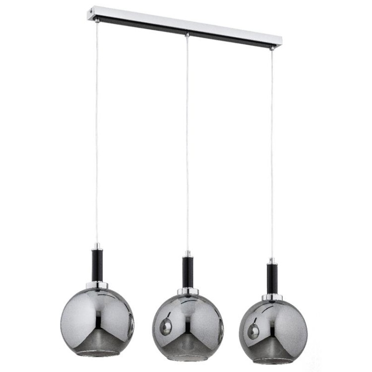 HETTY Alfa 62486 to stylowa lampa wisząca 3xE27 z dymionego szkła, chromu i czerni. Listwa o długości 80 cm zapewnia równomierne oświetlenie blatu lub stołu w kuchni i jadalni w stylu loftowym.