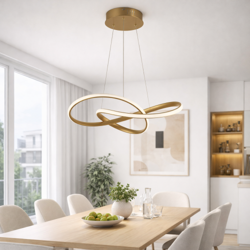 Złota lampa sufitowa CONSA marki Italux to eleganckie i energooszczędne oświetlenie LED 40W. Regulowana wysokość, nowoczesny design oraz zmienna barwa światła sprawiają, że doskonale pasuje do salonu, jadalni i nowoczesnych wnętrz