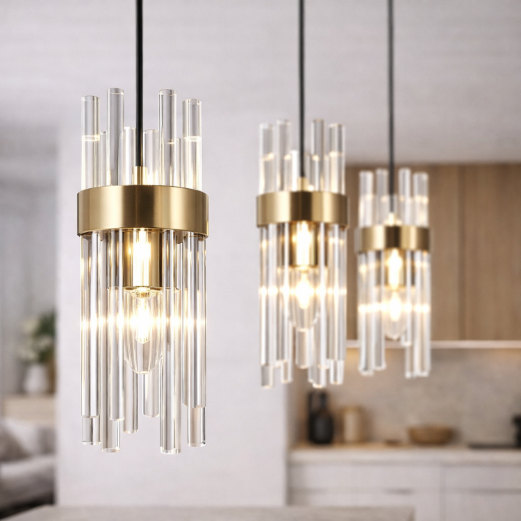 Nowoczesna lampa wisząca TARASO Italux to stylowy akcent do kuchni, salonu lub jadalni. Przezroczysty klosz o średnicy 8 cm i wysokości 25 cm oraz złota oprawa nadają wnętrzu lekkości i elegancji.