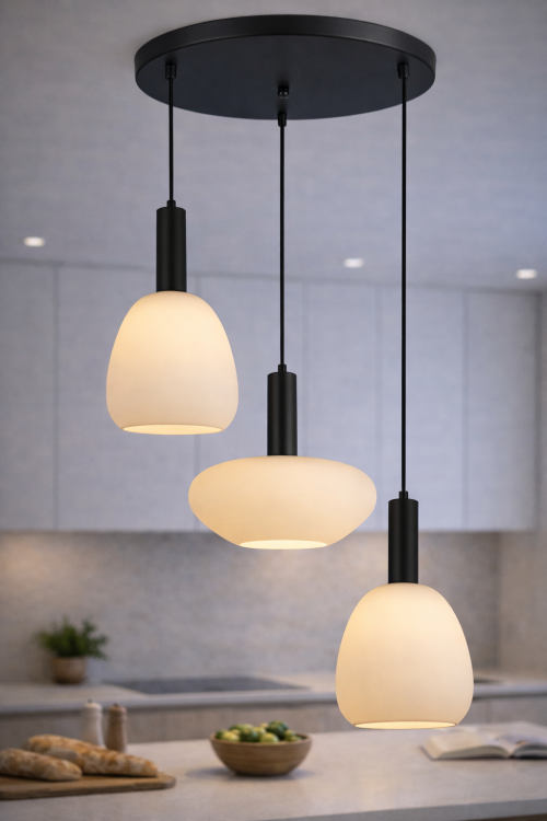 GATER 3xE27 Italux to stylowa lampa sufitowa z regulowaną wysokością do 140 cm. Kaskadowe zawieszenie i mleczne klosze ze szkła opalowego doskonale rozświetlą salon, jadalnię lub reprezentacyjny przedpokój.