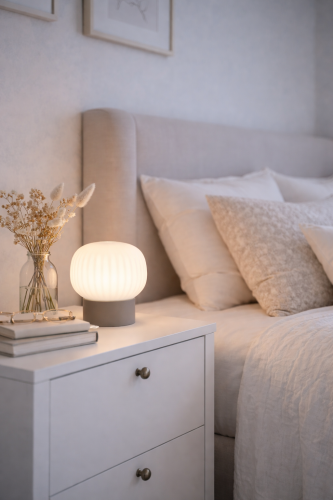 Stylowa lampka nocna LED z białym, mlecznym kloszem i brązową podstawą doskonale pasuje do jasnych, nowoczesnych wnętrz. Energooszczędny LED 6W, 650 lm i szeroki kąt świecenia 120° gwarantują komfortowe światło.