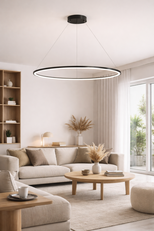 Czarna lampa wisząca SATURNO LED 57W doskonale doświetla duże przestrzenie. Neutralne światło 4000K, elegancka forma pierścienia i regulowana wysokość czynią ją idealną do nowoczesnych aranżacji.