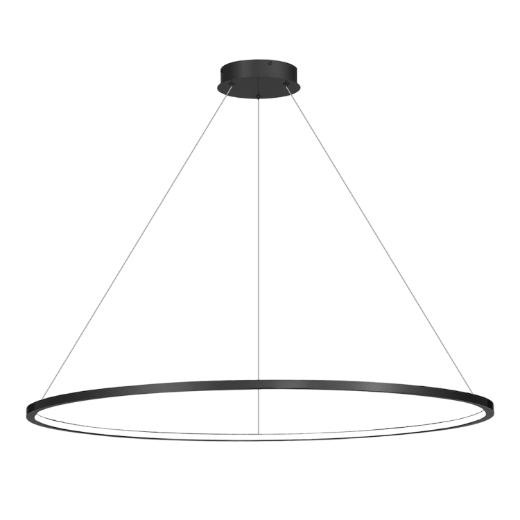 Lampa sufitowa SATURNO 65W LED to nowoczesna lampa wisząca w formie czarnego pierścienia o średnicy 120 cm. Neutralna barwa 4000K, wysoka jasność 3500 lm i regulowana wysokość idealnie sprawdzą się w salonie.
