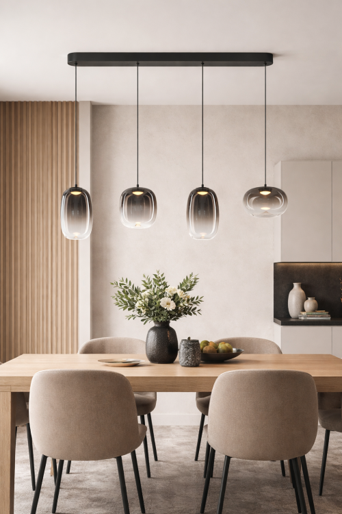 Nowoczesna lampa sufitowa VASO Black ML1407 z dymionymi kloszami ze szkła i czarną listwą. Zintegrowane LED 15W, 1689 lm i ciepła barwa 3000K zapewniają komfortowe oświetlenie salonu lub jadalni.