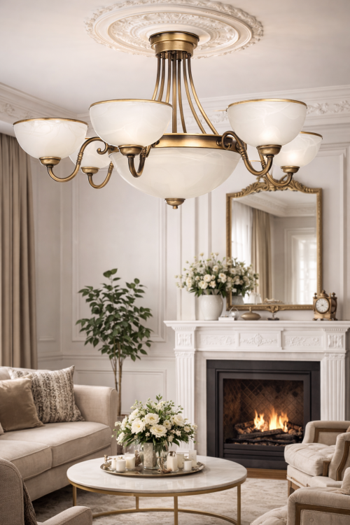 Żyrandol SATO PLUS 8xE27 Lemir to elegancka lampa sufitowa w stylu klasycznym. Patynowane wykończenie, duże klosze z alabastrowego szkła i średnica 89 cm czynią ją idealną do dużych wnętrz.