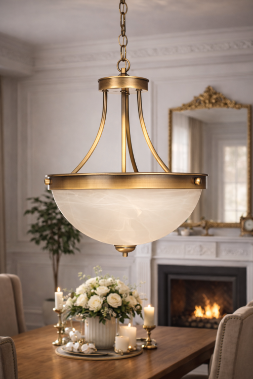 Żyrandol SATO 2xE27 patyna Lemir to stylowa lampa wisząca z alabastrowym kloszem. Wysokość 89 cm, klasyczna forma i możliwość zastosowania LED czynią ją funkcjonalnym wyborem do salonu i jadalni