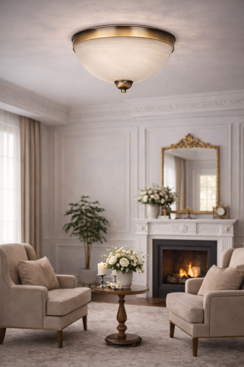 Klasyczny plafon SATO Lemir w kolorze patyny to stylowe oświetlenie sufitowe do wnętrz tradycyjnych i modern classic. Alabastrowy klosz zapewnia miękkie, rozproszone światło idealne do codziennego użytku.