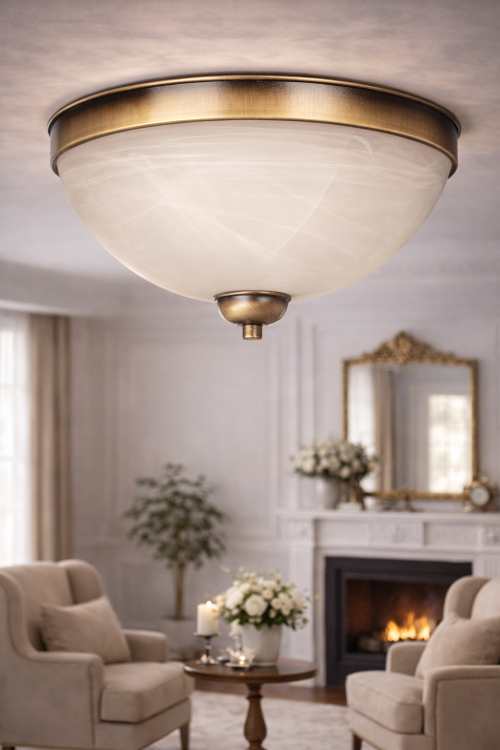 Plafon klasyczny SATO patyna LEMIR to elegancka lampa sufitowa z dużym alabastrowym kloszem. Subtelne wykończenie w kolorze patyny i uniwersalny design sprawiają, że pasuje do salonu, sypialni i holu.