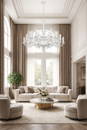 Klasyczny żyrandol VENTUNO 18xE14 biały mat Lemir to efektowne oświetlenie do bardzo wysokich przestrzeni. Dwupoziomowa forma i możliwość podziału świecenia 6+12 czynią go funkcjonalnym i dekoracyjnym.