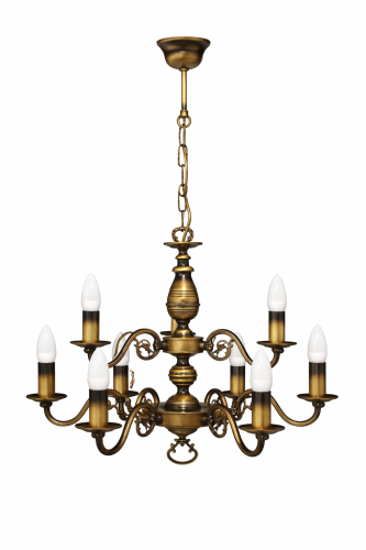 Żyrandol świecznikowy VENTUNO 9xE14 patyna Lemir to dwupiętrowa lampa do bardzo wysokich wnętrz. Klasyczna forma, 9 punktów światła i ręcznie patynowane wykończenie podkreślają prestiż pałacowych i sakralnych przestrzeni.