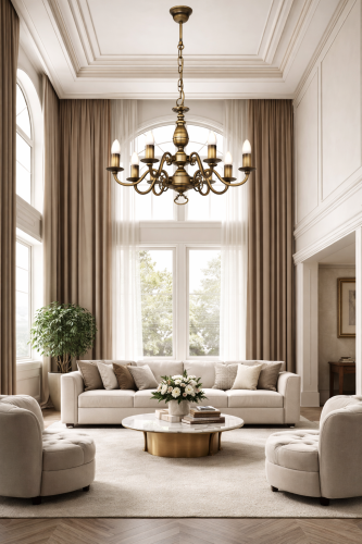 Klasyczny żyrandol VENTUNO 9xE14 patyna to duża lampa świecznikowa do wysokich przestrzeni. Dwupoziomowa konstrukcja i dekoracyjne ramiona tworzą elegancki akcent w salach reprezentacyjnych i obiektach sakralnych.