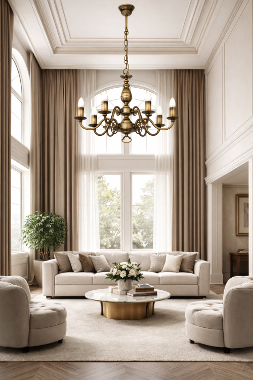 Klasyczny żyrandol VENTUNO 9xE14 patyna to duża lampa świecznikowa do wysokich przestrzeni. Dwupoziomowa konstrukcja i dekoracyjne ramiona tworzą elegancki akcent w salach reprezentacyjnych i obiektach sakralnych.