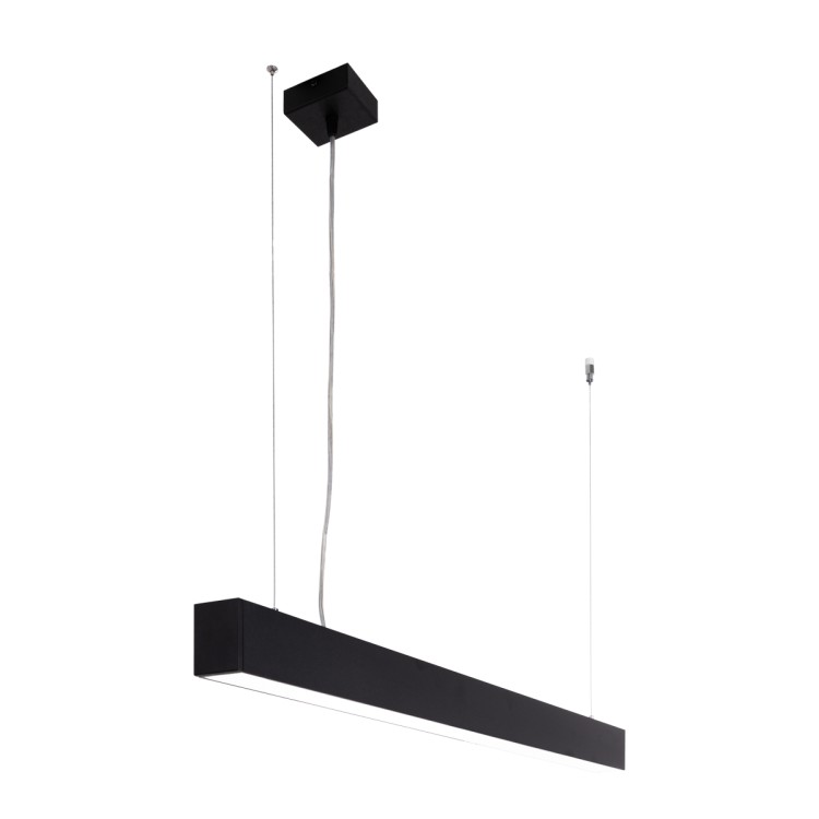 Minimalistyczna lampa wisząca LED 114 cm w czarnym macie. Aluminiowa konstrukcja, zintegrowany LED Tridonic 35W i jasność 3200 lm czynią ją idealnym rozwiązaniem do nowoczesnych biur i przestrzeni roboczych.