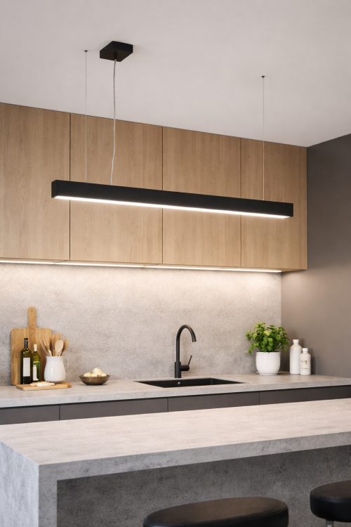 Wisząca lampa liniowa LED 114 cm w kolorze czarnym matowym. Idealna do biur, open space i magazynów. Moc 35W, jasność 3200 lm, ciepła barwa 3000K oraz wysoki CRI80+ zapewniają komfortowe oświetlenie pracy.