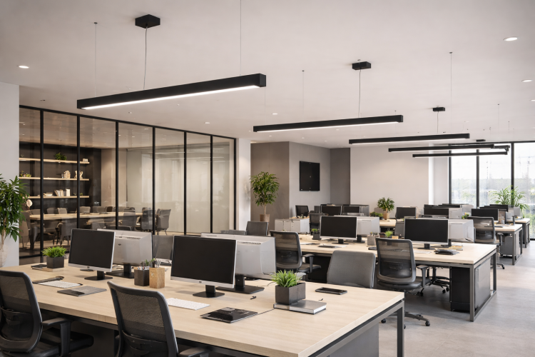 Nowoczesna lampa LED liniowa 114 cm do biur i przestrzeni technicznych. Czarna aluminiowa obudowa, zintegrowane źródło LED Tridonic 35W, strumień 3200 lm i barwa 3000K gwarantują komfort pracy oraz energooszczędność.