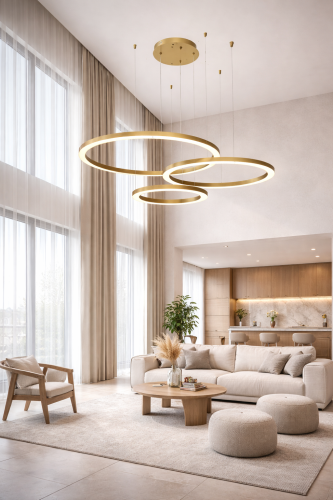 Nowoczesna lampa ring LED w kolorze złotym to połączenie minimalizmu i elegancji. Trzy świetlne pierścienie tworzą spektakularny efekt w dużych, jasnych pomieszczeniach, zapewniając stylowe i funkcjonalne oświetlenie.