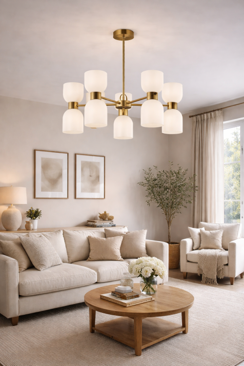 MONZA 5xE27 to lampa sufitowa o ponadczasowym designie. Pięć białych kloszy ze szkła i mosiężna konstrukcja zapewniają elegancki wygląd i skuteczne oświetlenie większych pomieszczeń. Idealna do salonu i jadalni.