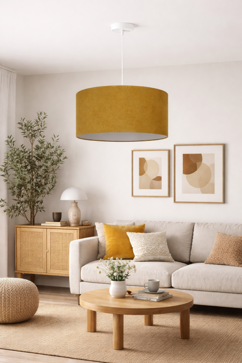 Wisząca lampa PASTELL Duolla 81334 w kolorze musztardowym to elegancki akcent do nowoczesnych i skandynawskich wnętrz. Abażur Soro o średnicy 45 cm pięknie rozprasza światło, tworząc przytulną atmosferę.