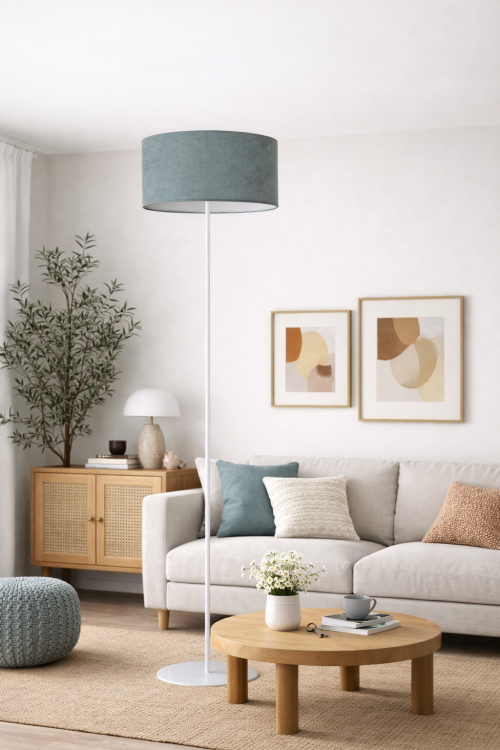 PASTELL Duolla 83406 to nowoczesna lampa stojąca w kolorze miętowym z białą podstawą. Abażur Soro o średnicy 45 cm tworzy nastrojowe światło idealne do strefy relaksu lub kącika czytelniczego.