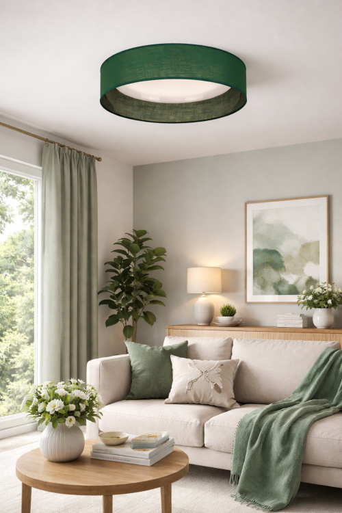 Stylowy plafon 24W LED Duolla 605403 w zielonym kolorze łączy nowoczesny design z funkcjonalnością. Abażur z tkaniny bandaż i biały klosz zapewniają równomierne światło 4000K. Doskonały do wnętrz domowych.