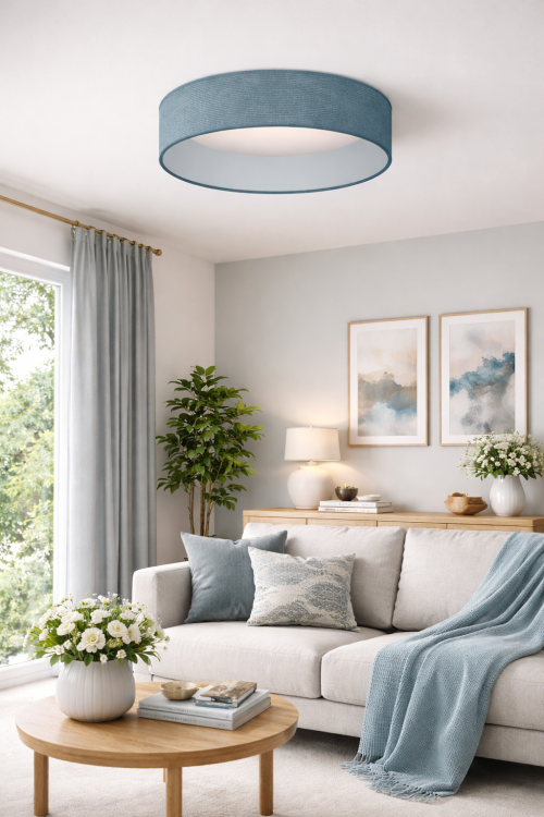 Stylowy plafon 15W LED z pilotem Duolla 606509 wyróżnia się miętowym abażurem z tkaniny sztruksowej. Biały klosz równomiernie rozprasza światło 4000K. Idealny do nowoczesnych i skandynawskich wnętrz.