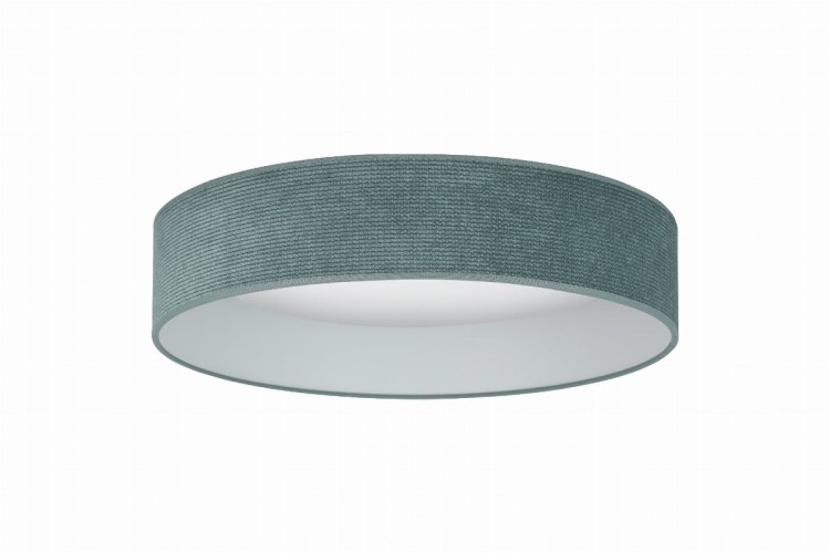 Plafon LED CORDU Duolla 606509 to nowoczesne oświetlenie sufitowe z miętowym abażurem ze sztruksu. Zintegrowany LED 15W emituje neutralne światło 4000K, a sterowanie pilotem zapewnia wygodę użytkowania w salonie i sypialni.