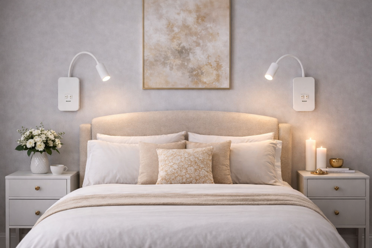 Kinkiet LED BASE to funkcjonalna lampka ścienna do czytania przy łóżku. Elastyczne ramię, neutralne światło 4000K, port USB oraz nowoczesny biały design sprawiają, że idealnie sprawdzi się w sypialni i gabinecie.