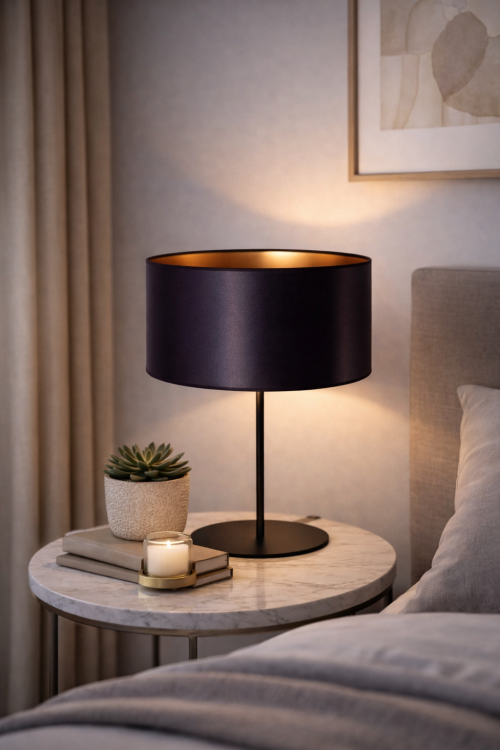 Czarna lampa stołowa CANNES 1xE14 to stylowy dodatek do salonu i sypialni. Atłasowy abażur z złotą folią ociepla światło, tworząc przytulną i elegancką atmosferę we wnętrzu.