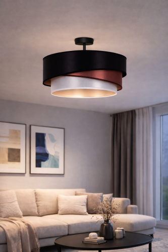 Nowoczesna lampa sufitowa KOBO Duolla łączy czerń, miedź i biały atłas. Średnica 45 cm zapewnia efektowne oświetlenie wnętrza, a gwint E27 umożliwia zastosowanie energooszczędnej żarówki LED do 15W.