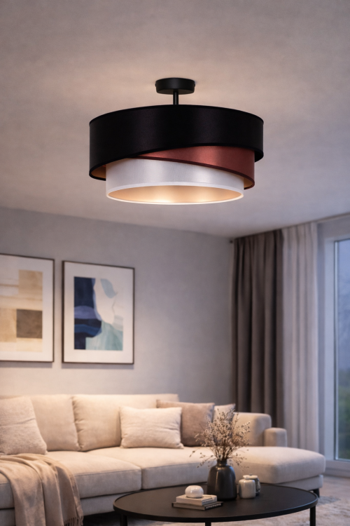 Nowoczesna lampa sufitowa KOBO Duolla łączy czerń, miedź i biały atłas. Średnica 45 cm zapewnia efektowne oświetlenie wnętrza, a gwint E27 umożliwia zastosowanie energooszczędnej żarówki LED do 15W.