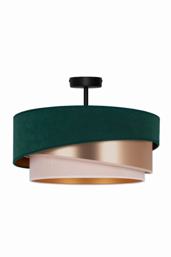 Lampa sufitowa KOBO 606219 Duolla zachwyca połączeniem zieleni, ecru i złota. Zamszowy abażur oraz złote wnętrze klosza tworzą przytulną atmosferę. Idealna do salonu, sypialni i jadalni. Oprawa 1xE27 LED, średnica 45 cm.