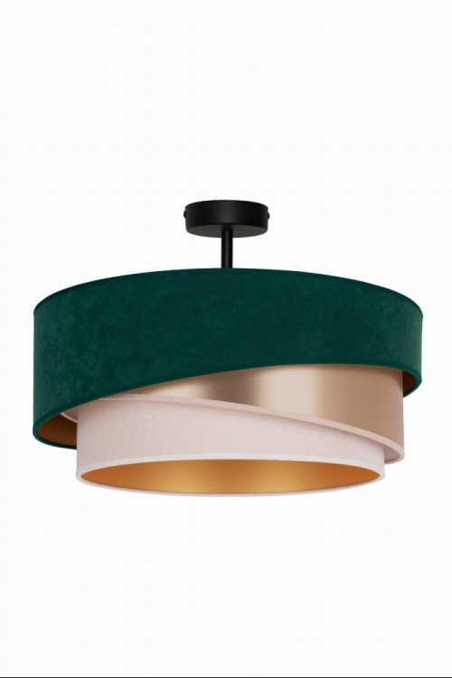 Lampa sufitowa KOBO Duolla łączy modne kolory inspirowane naturą z eleganckim wzornictwem. Złote wnętrze klosza ociepla światło, a zamszowy abażur tworzy efektowną dekorację nowoczesnego wnętrza.