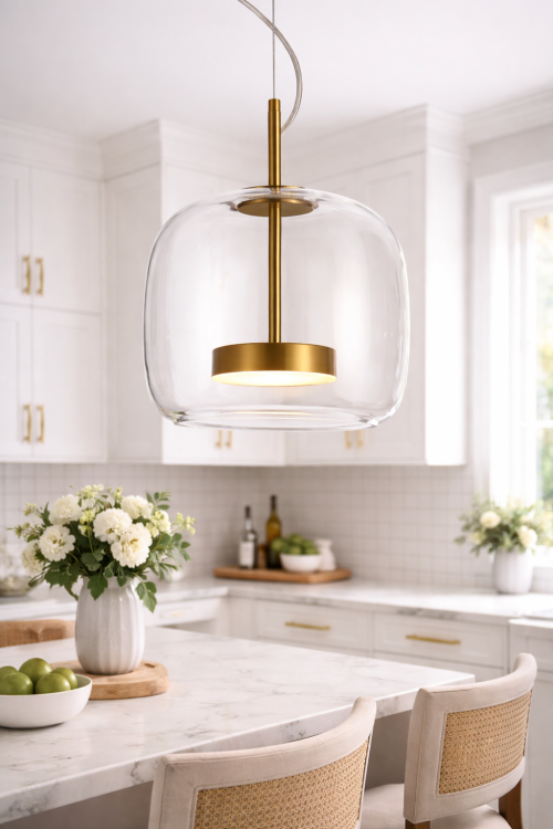 Lampa sufitowa CASTE Italux 10W LED to eleganckie połączenie złotego wykończenia i przezroczystego klosza. Emituje ciepłe światło 3000K o mocy 850 lm. Idealna do nowoczesnych wnętrz. Wysokość regulowana do 120 cm. Gwarancja 5 lat, CRI 80+, IP20.