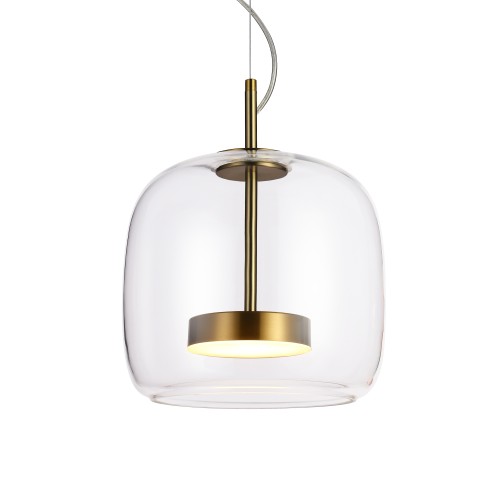 Lampa sufitowa CASTE Italux 10W LED to eleganckie połączenie złotego wykończenia i przezroczystego klosza. Emituje ciepłe światło 3000K o mocy 850 lm. Idealna do nowoczesnych wnętrz. Wysokość regulowana do 120 cm. Gwarancja 5 lat, CRI 80+, IP20.