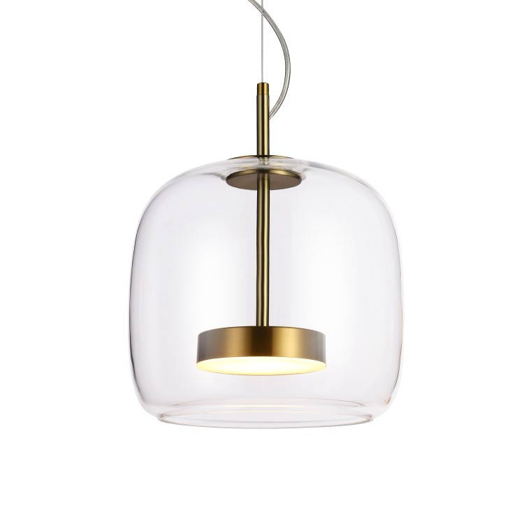 Lampa sufitowa CASTE Italux 10W LED to eleganckie połączenie złotego wykończenia i przezroczystego klosza. Emituje ciepłe światło 3000K o mocy 850 lm. Idealna do nowoczesnych wnętrz. Wysokość regulowana do 120 cm. Gwarancja 5 lat, CRI 80+, IP20.