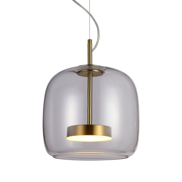 Lampa sufitowa CASTE Italux 10W LED to eleganckie połączenie złotego wykończenia i dymionego klosza. Emituje ciepłe światło 3000K o mocy 850 lm. Idealna do nowoczesnych wnętrz. Wysokość regulowana do 120 cm. Gwarancja 5 lat, CRI 80+, IP20