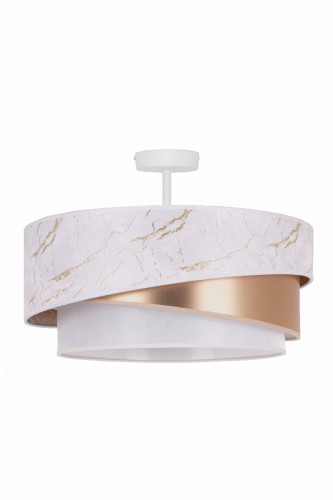 Lampa sufitowa KOBO 605489 Duolla zachwyca eleganckim wzorem białego marmuru, delikatną ecru organzą i złotymi akcentami. Stylowy abażur tworzy przytulny klimat, idealny do salonu, sypialni, jadalni oraz nowoczesnych wnętrz.