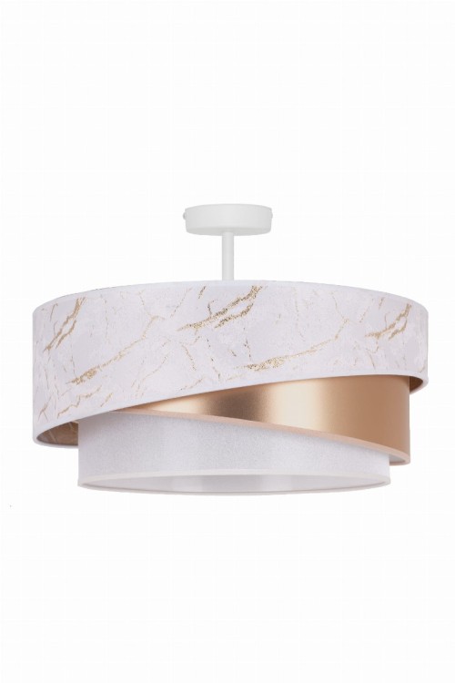 Lampa sufitowa KOBO 605489 Duolla zachwyca eleganckim wzorem białego marmuru, delikatną ecru organzą i złotymi akcentami. Stylowy abażur tworzy przytulny klimat, idealny do salonu, sypialni, jadalni oraz nowoczesnych wnętrz.