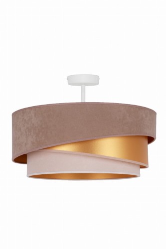 Lampa sufitowa KOBO Duolla 605472 zachwyca zamszowym abażurem w kolorach beżowym, ecru i złotym. Złote wnętrze klosza tworzy przytulny klimat. Idealna do salonu, sypialni i jadalni. Oprawa 1xE27 LED, średnica 45 cm.