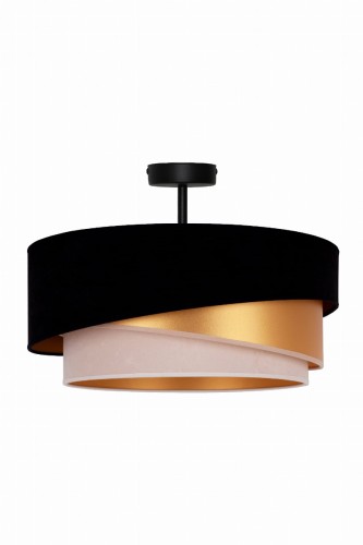 Lampa sufitowa KOBO Duolla 606226 zachwyca eleganckim połączeniem czerni, ecru i złota. Zamszowy abażur oraz złote wnętrze klosza tworzą przytulny klimat. Idealna do salonu, sypialni i jadalni. Oprawa 1xE27 LED, średnica 45 cm.